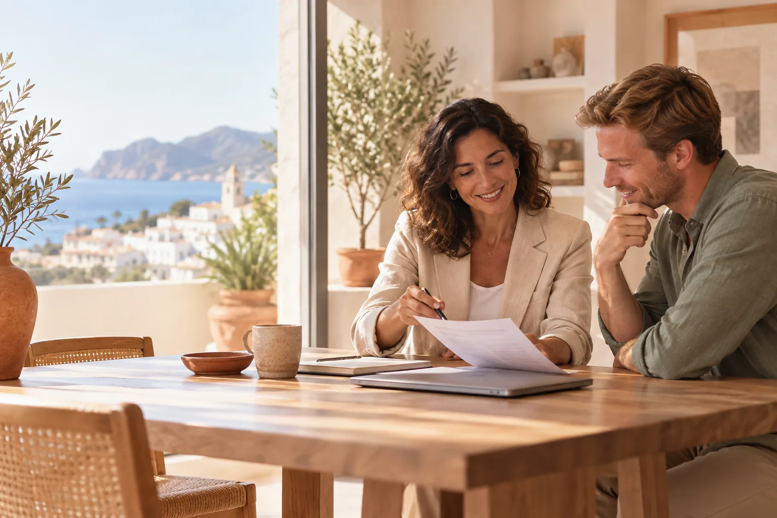 Service partner and client reviewing a document in Spain